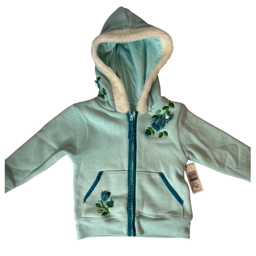 Wonderkids Floral Applique Hoodie Faux Fur Trim Zip Up Jacket‎ 24 Months